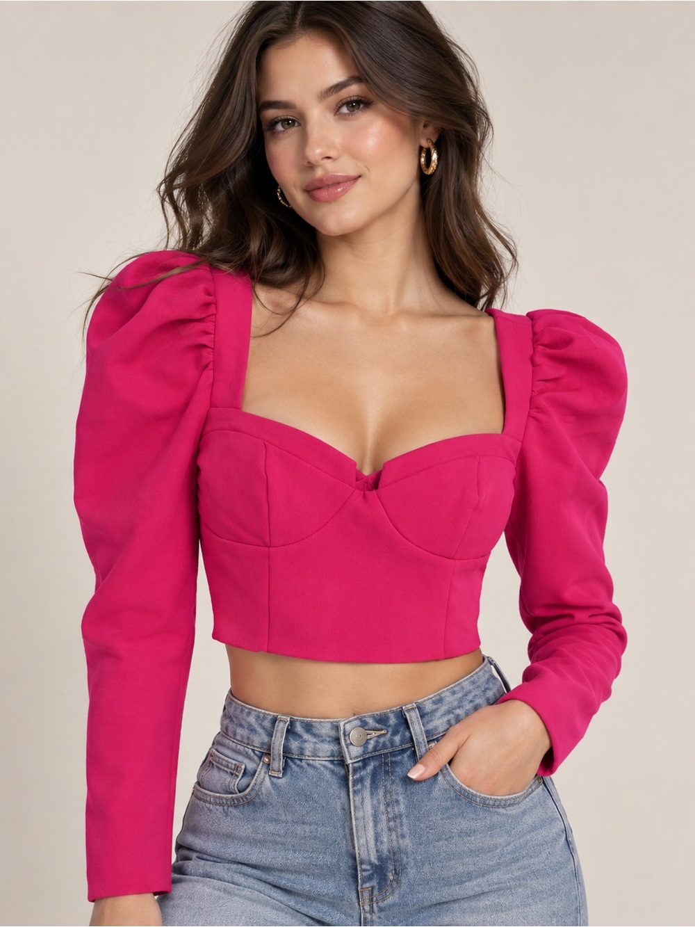 DO+BE Women’s Hot Pink Puff Sleeve Bustier Crop Top Sweetheart Neck M